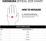 Hayabusa official size chart for MMA and hybrid gloves with hand measurement guide.