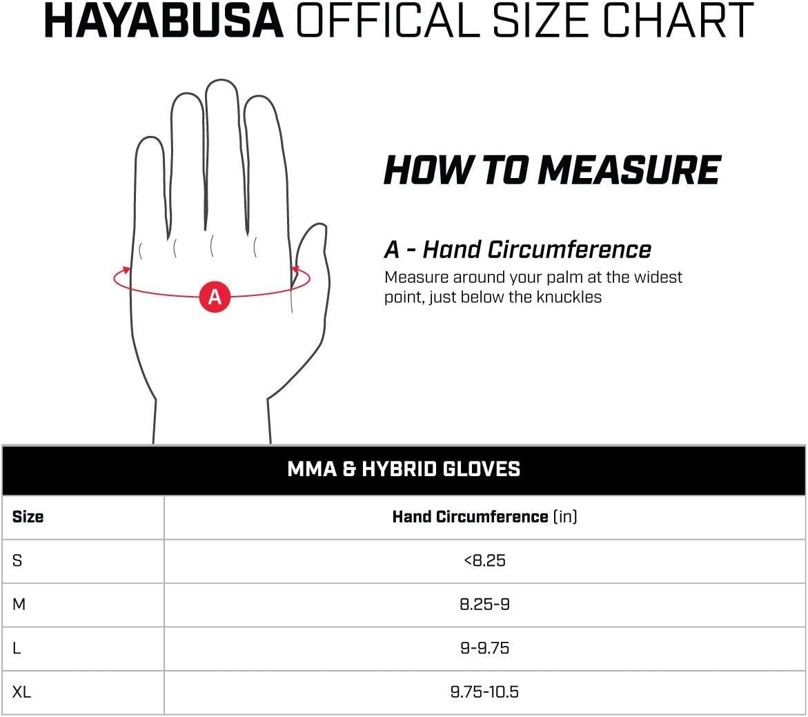 Hayabusa official size chart for MMA and hybrid gloves with hand measurement guide.