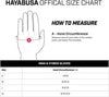 Hayabusa official size chart for MMA and hybrid gloves with hand measurement guide.