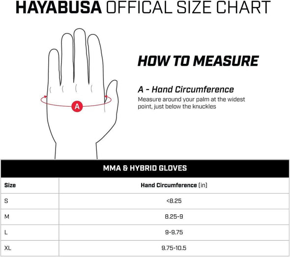 Hayabusa official size chart for MMA and hybrid gloves with hand measurement guide.
