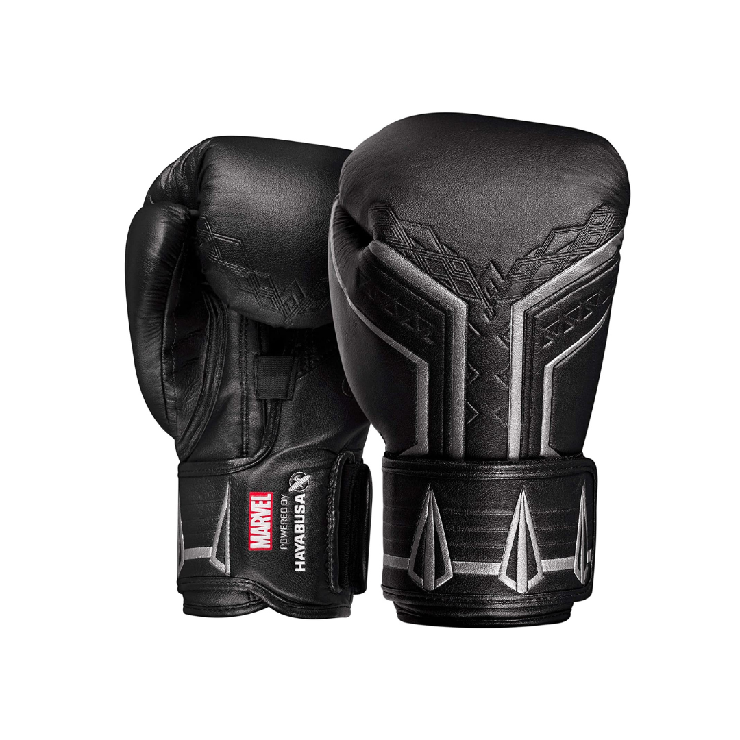 Black boxing gloves with Marvel logo on a white background