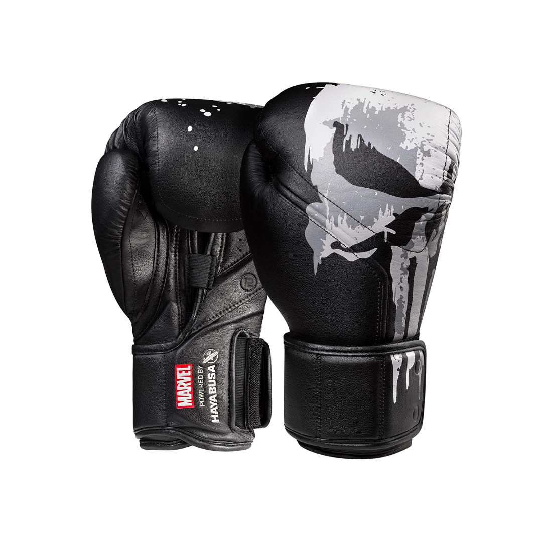 Black boxing gloves with a graphic design on a white background