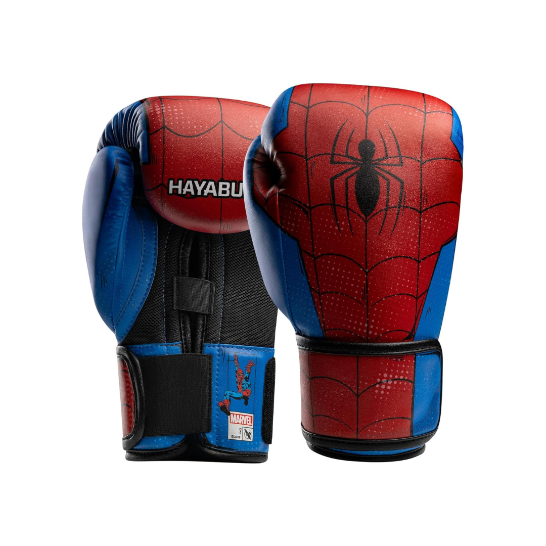 Red and blue boxing gloves with spider web design on a white background