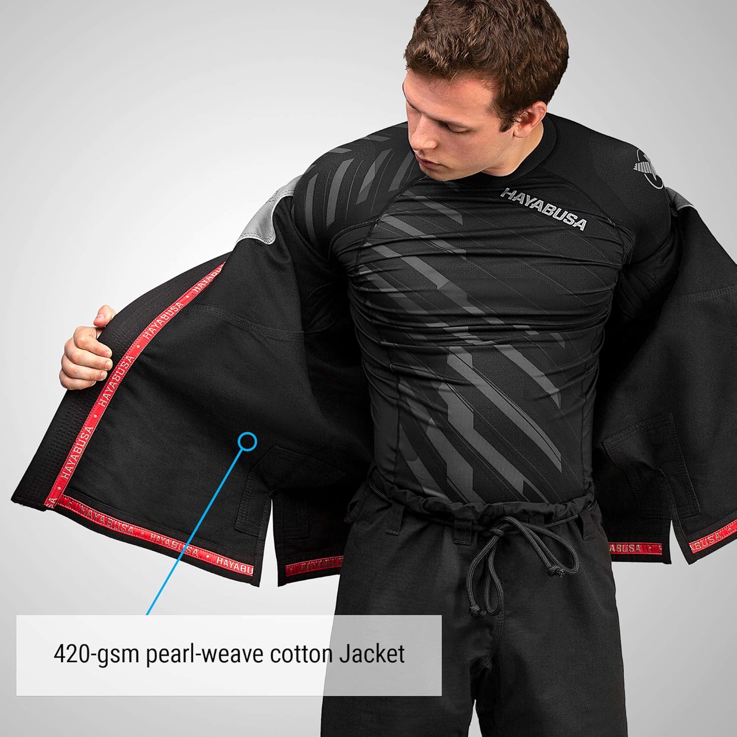 Person wearing a black martial arts gi with 'Hayabusa' branding, highlighting the 420-gsm pearl-weave cotton jacket.