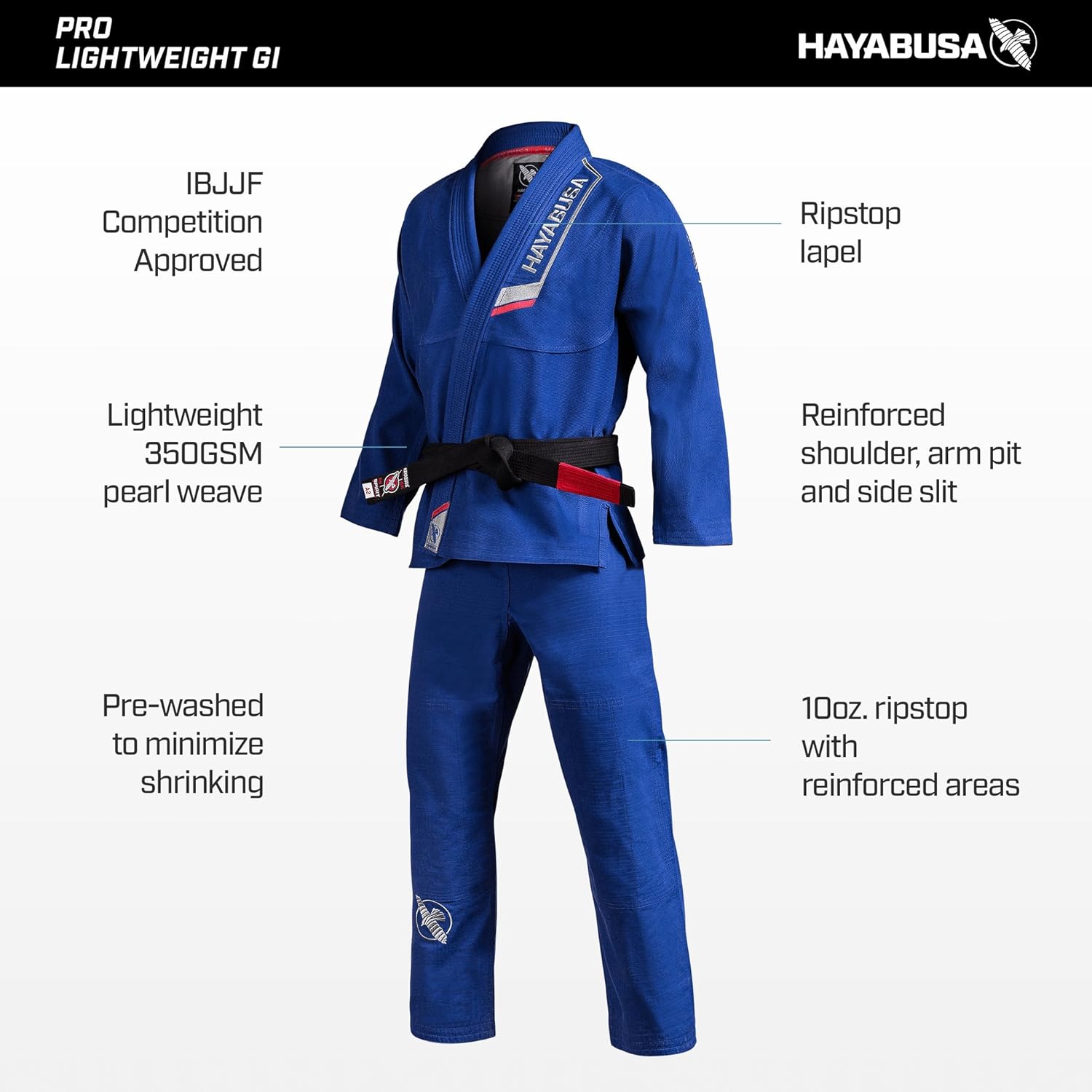 Blue BJJ gi with features highlighted on a white background
