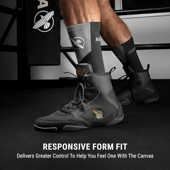 Hayabusa pro boxing shoes with lightweight build, ankle support, and superior grip for optimal performance in the boxing ring