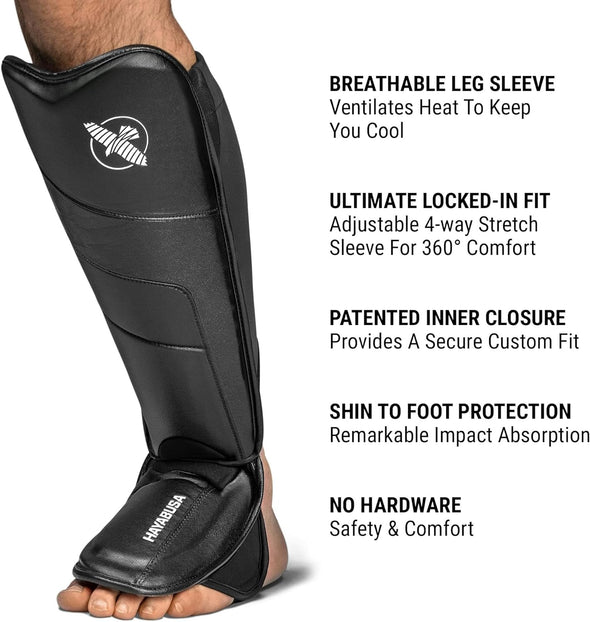 Black shin guard with features listed on a white background