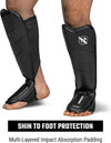 Black shin guards with impact absorption padding on a white background