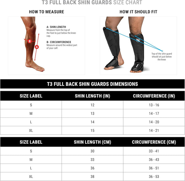 Size chart for T3 full back shin guards showing measurement methods and dimensions.