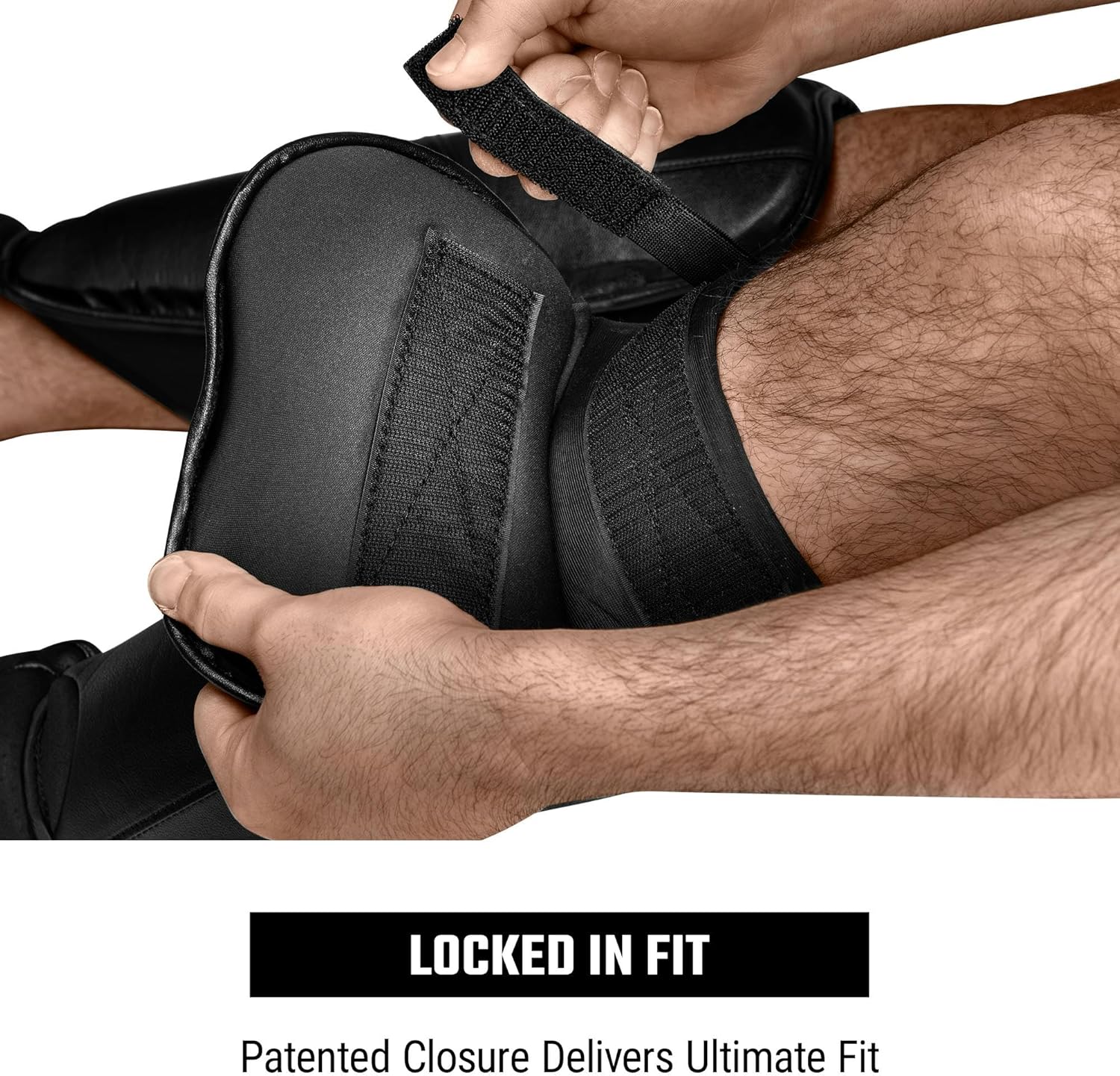 Person adjusting a black shin guard with text 'Locked in Fit' and 'Patented Closure Delivers Ultimate Fit'.