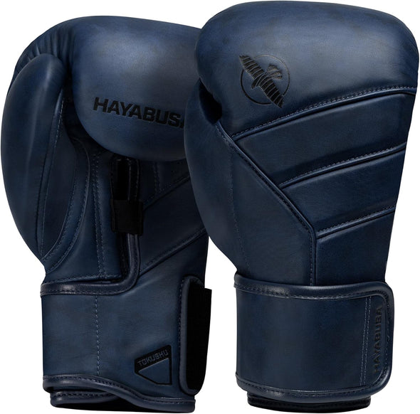 Pair of blue boxing gloves with 'Hayabusa' branding on a white background