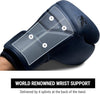 Blue boxing glove with wrist support and labeled splints on a white background