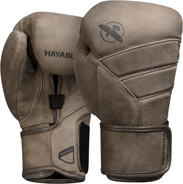 Pair of brown boxing gloves with 'Hayabusa' branding on a white background