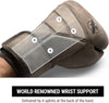 Brown wrist support brace with labeled splints on a white background