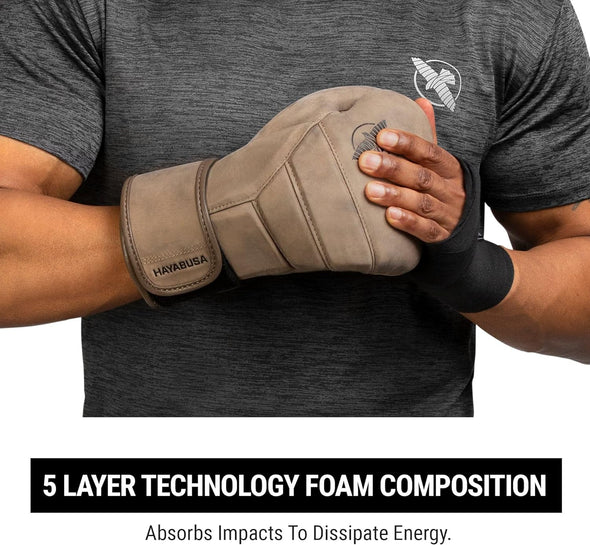 Person wearing a glove with 5-layer technology foam composition, holding a dumbbell.