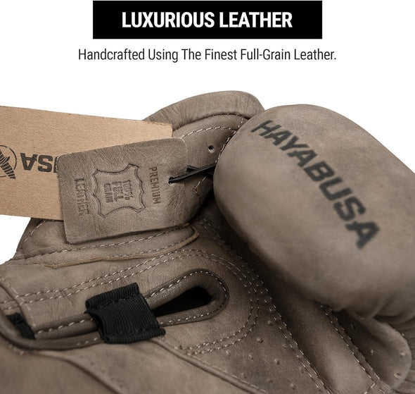 Brown boxing gloves with 'Hayabusa' branding on a white background