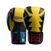 Pair of yellow, black, and blue boxing gloves with 'Hayabusa' branding on a white background.