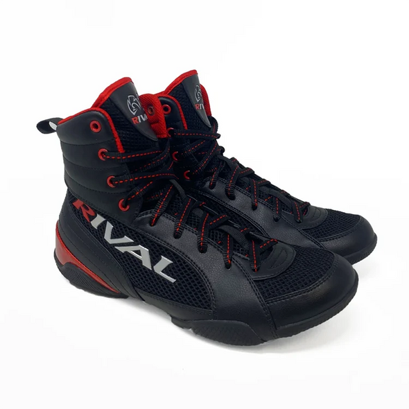 Rival RSX-Guerrero Deluxe boxing boots with mid-top design, breathable mesh sides, and durable rubber outsole for optimal traction in the ring.