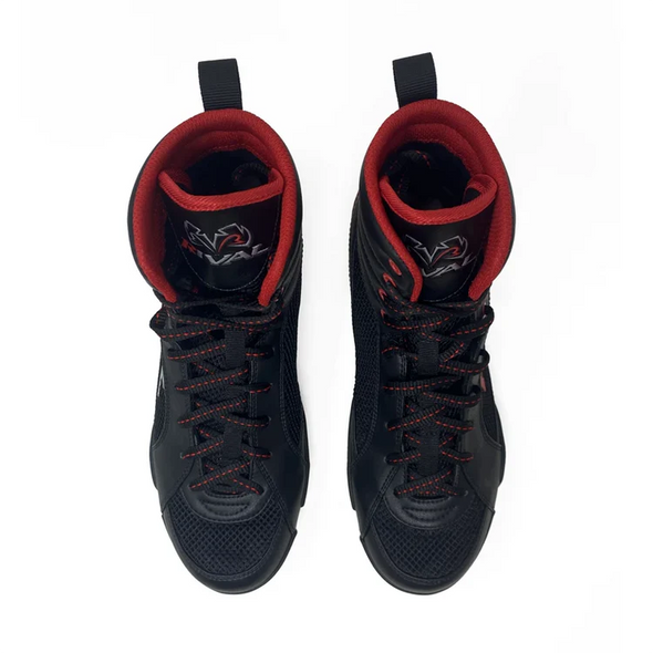 Rival RSX-Guerrero Deluxe boxing boots with mid-top design, breathable mesh sides, and durable rubber outsole for optimal traction in the ring.