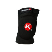 Black knee pad with a red and white logo on a white background