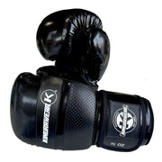 A pair of black martial arts boxing gloves with white branding, displayed against a solid white background.