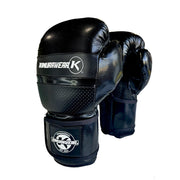 A pair of black boxing gloves with white 'KUMULAWEAR' branding on the wrist straps, shown against a plain white background.