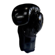 A single black boxing glove with a glossy patent leather-like finish and a black mesh wrist strap, shown against a plain white background.