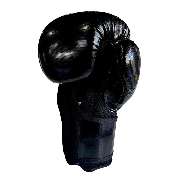 A single black boxing glove with a glossy patent leather-like finish and a black mesh wrist strap, shown against a plain white background.