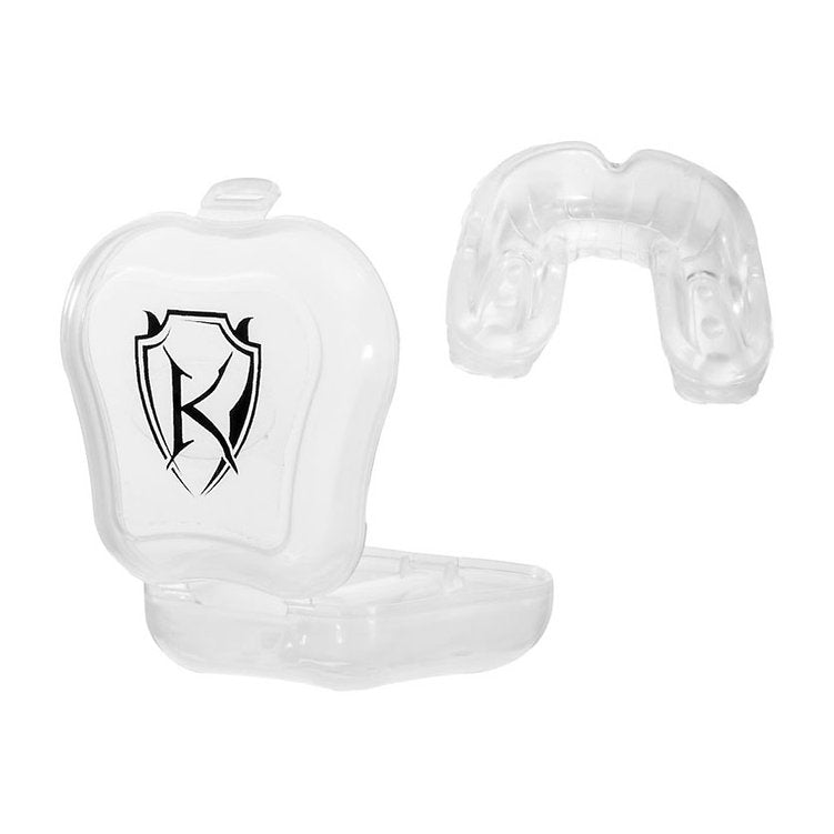 Clear mouthguard with black logo in a transparent case on a white background