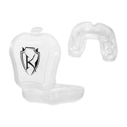 Clear mouthguard with black logo in a transparent case on a white background