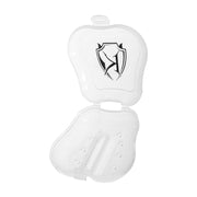 White shin guards with a black logo on a white background