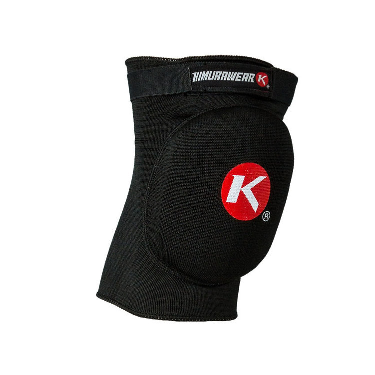 Black protective knee pad with a red logo on a white background