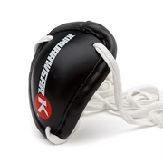Black boxing headgear with a red logo on a white background