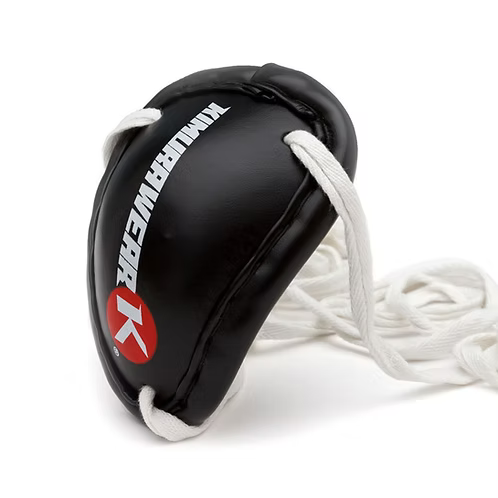 Black boxing headgear with a red logo on a white background