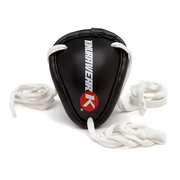 Black headgear with white ropes and a red logo on a white background