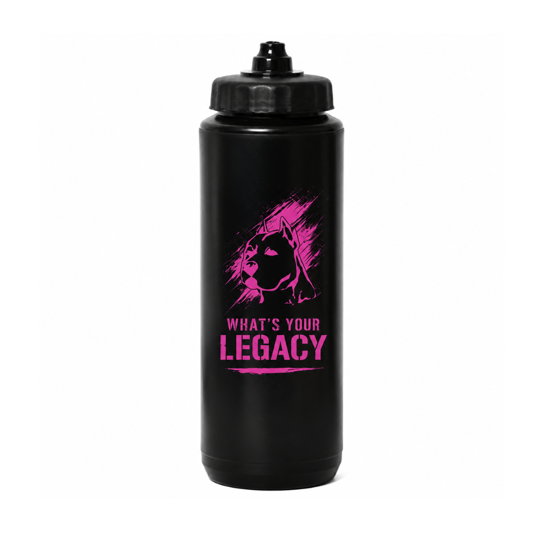 A black plastic water bottle with a black screw cap, featuring a pink graphic of a stylized face and the text 'WHAT'S YOUR LEGACY' in pink on the front, set against a plain white background.