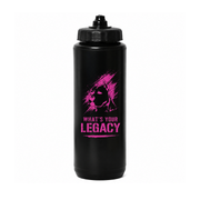 A black plastic water bottle with a black screw cap, featuring a pink graphic of a stylized face and the text 'WHAT'S YOUR LEGACY' in pink on the front, set against a plain white background.