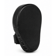 Black leather focus mitt with a textured pebbled finish and black lacing on the strap, shown from a side profile view on a white background.