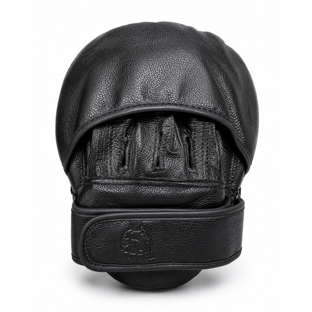 Black leather boxing target pad shown from the front on a white background.