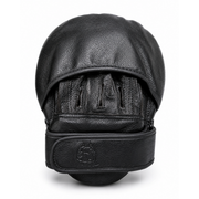 Black leather boxing target pad shown from the front on a white background.