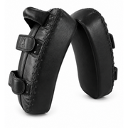 A pair of black leather boxing target pads with hook-and-loop strap closures, shown on a clean white background.