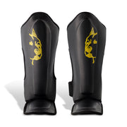 Legacy Golden Frank Leather Shin Guards featuring premium genuine leather construction, high-density foam padding, and a striking golden design for martial arts training.