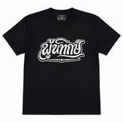 Black t-shirt with white graphic design on a white background