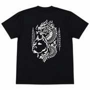 Black t-shirt with white dragon design on a white background