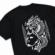 Black t-shirt with white graphic design of a horse and dragon on a white background