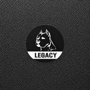 Black and white logo with a dog illustration and 'LEGACY' text on a black textured background