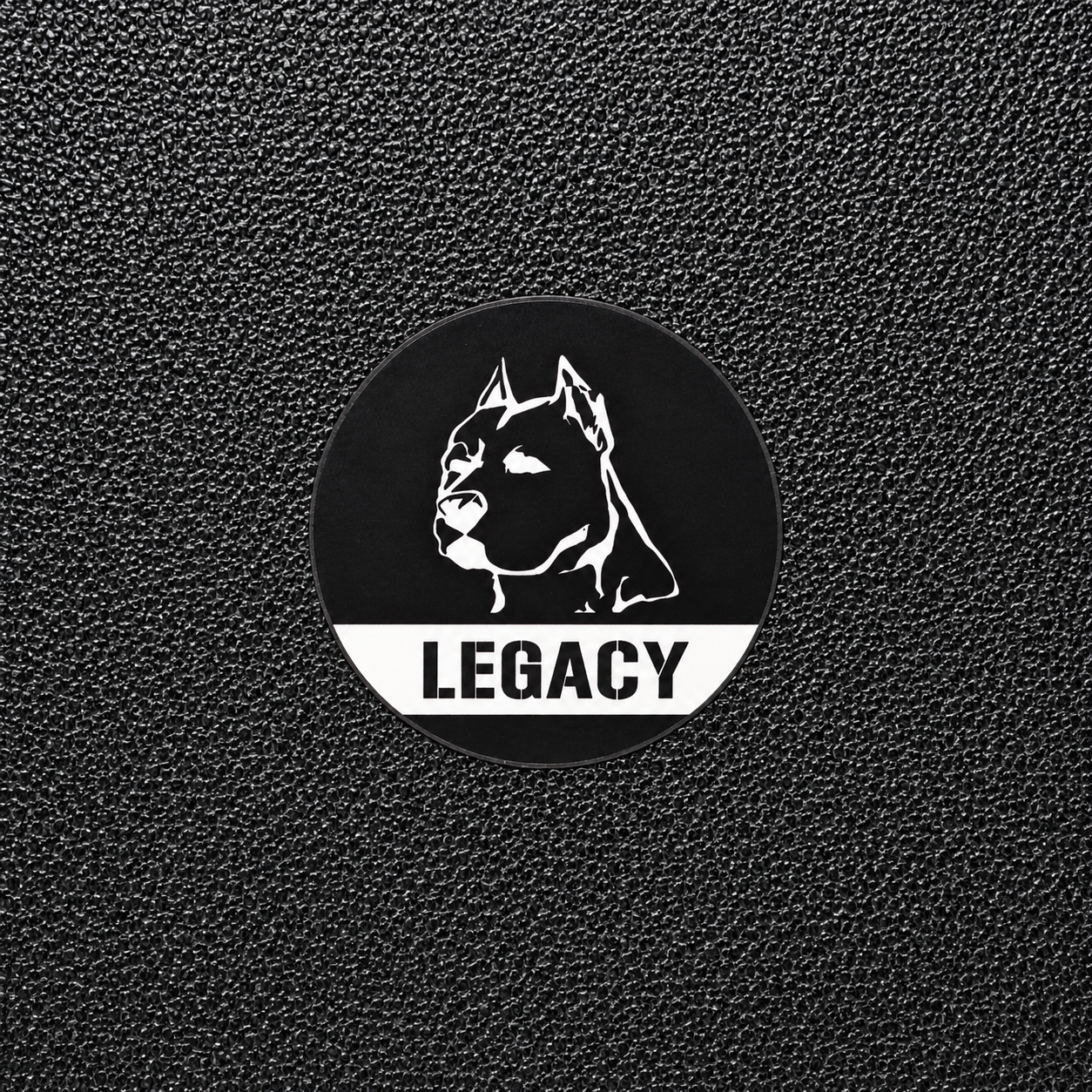 Black and white logo with a dog illustration and 'LEGACY' text on a black textured background
