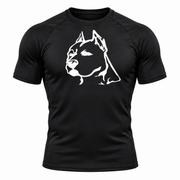 A black short-sleeve athletic t-shirt with a white line art graphic of a dog's head on the chest, displayed on a clean white background.