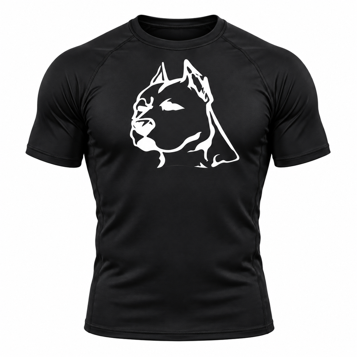 A black short-sleeve athletic t-shirt with a white line art graphic of a dog's head on the chest, displayed on a clean white background.