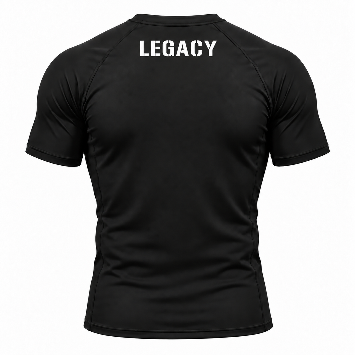 Black short-sleeve athletic shirt shown from the back, featuring the word 'LEGACY' printed in white stencil-style letters across the upper back, on a plain white background.